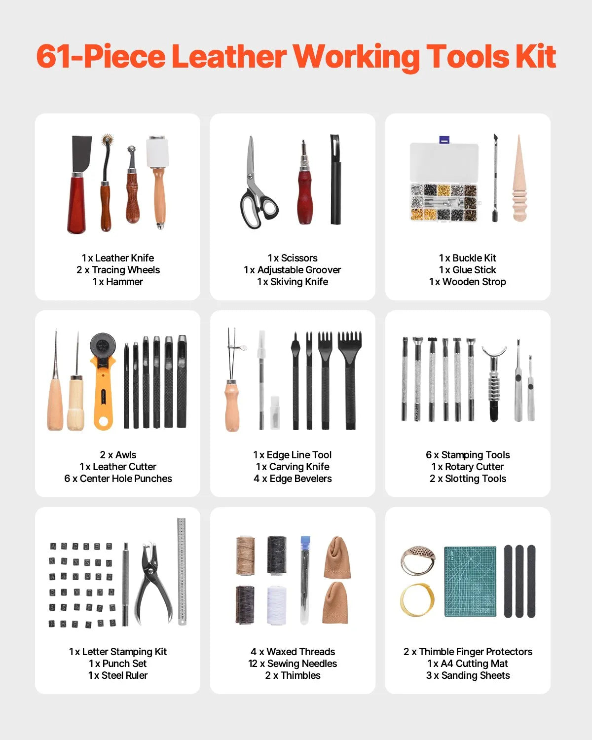 VEVOR Leather Working Tools Kit 61 PCS Engraving Punching Stamping Sewing Tools