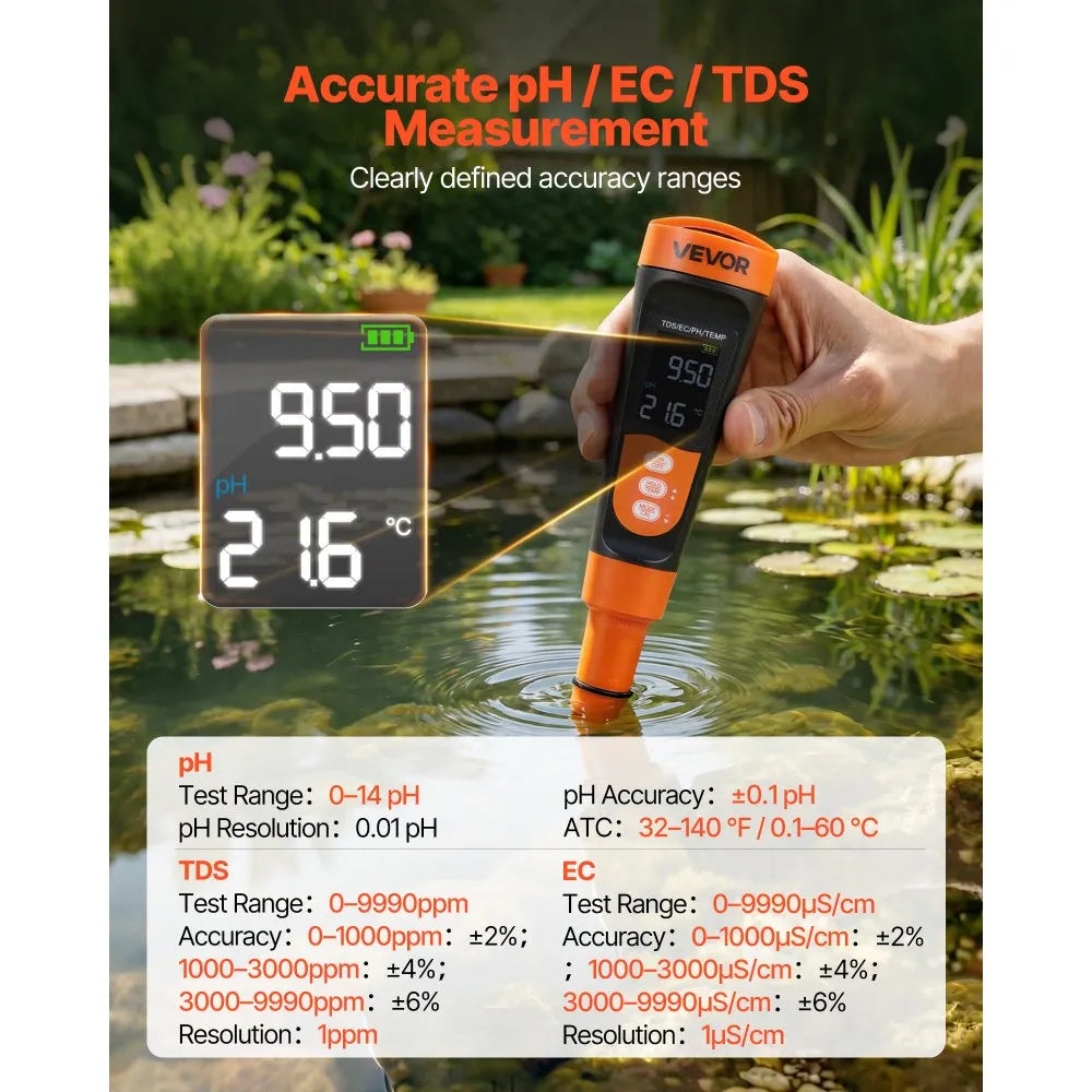 Digital 3-in-1 pH Meter with TDS & EC Tester, ATC, Waterproof Probe & Calibration Kit