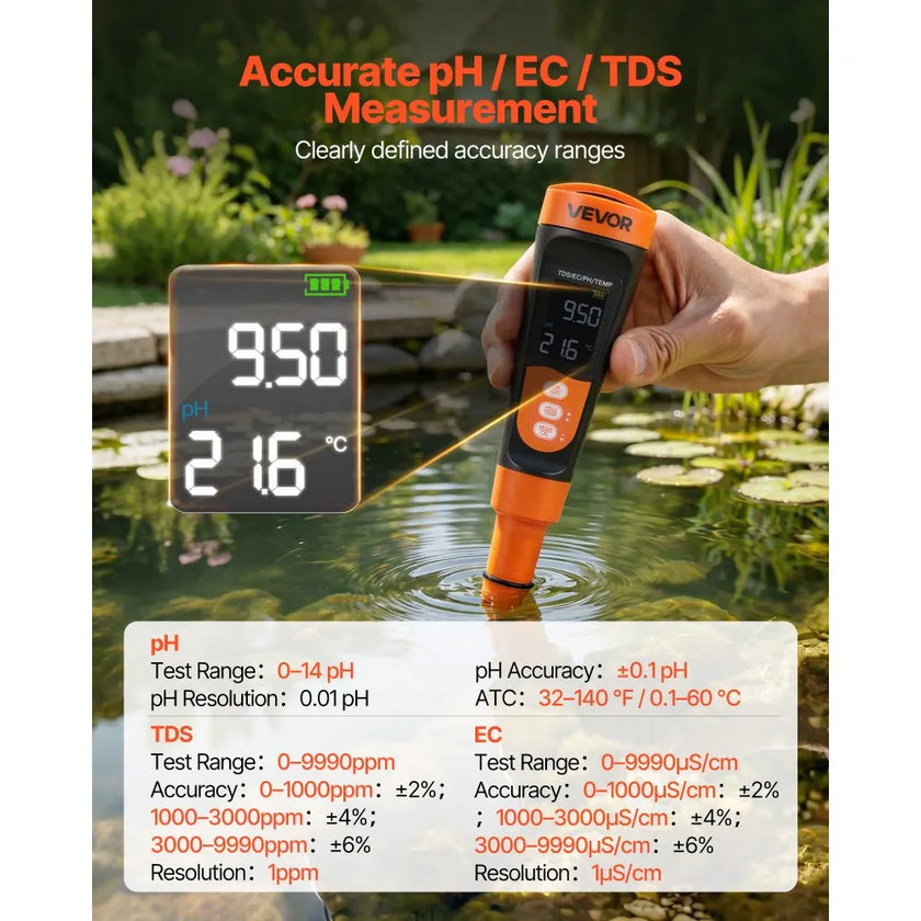 Digital 3-in-1 pH Meter with TDS & EC Tester, ATC, Waterproof Probe & Calibration Kit