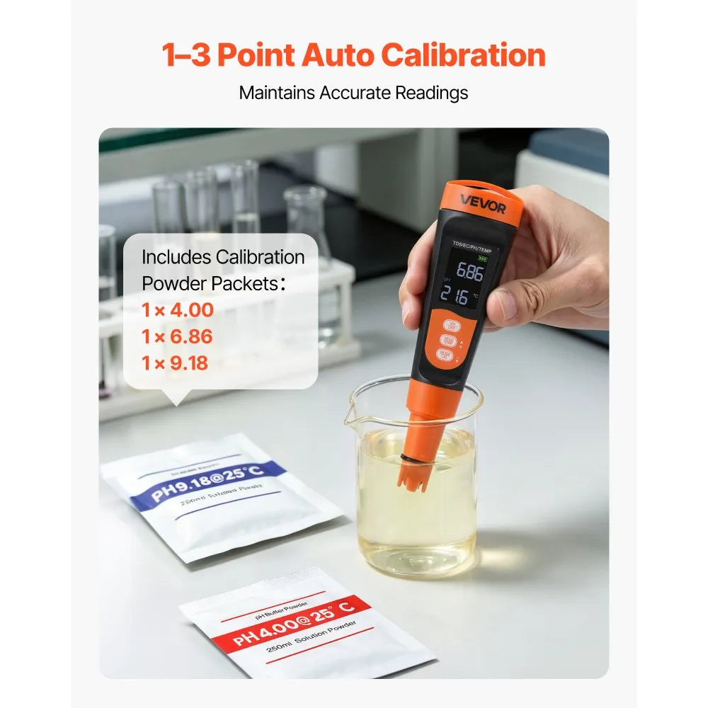 Digital 3-in-1 pH Meter with TDS & EC Tester, ATC, Waterproof Probe & Calibration Kit
