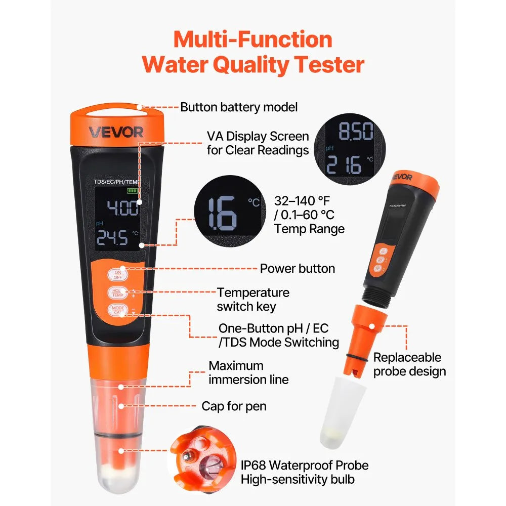 Digital 3-in-1 pH Meter with TDS & EC Tester, ATC, Waterproof Probe & Calibration Kit