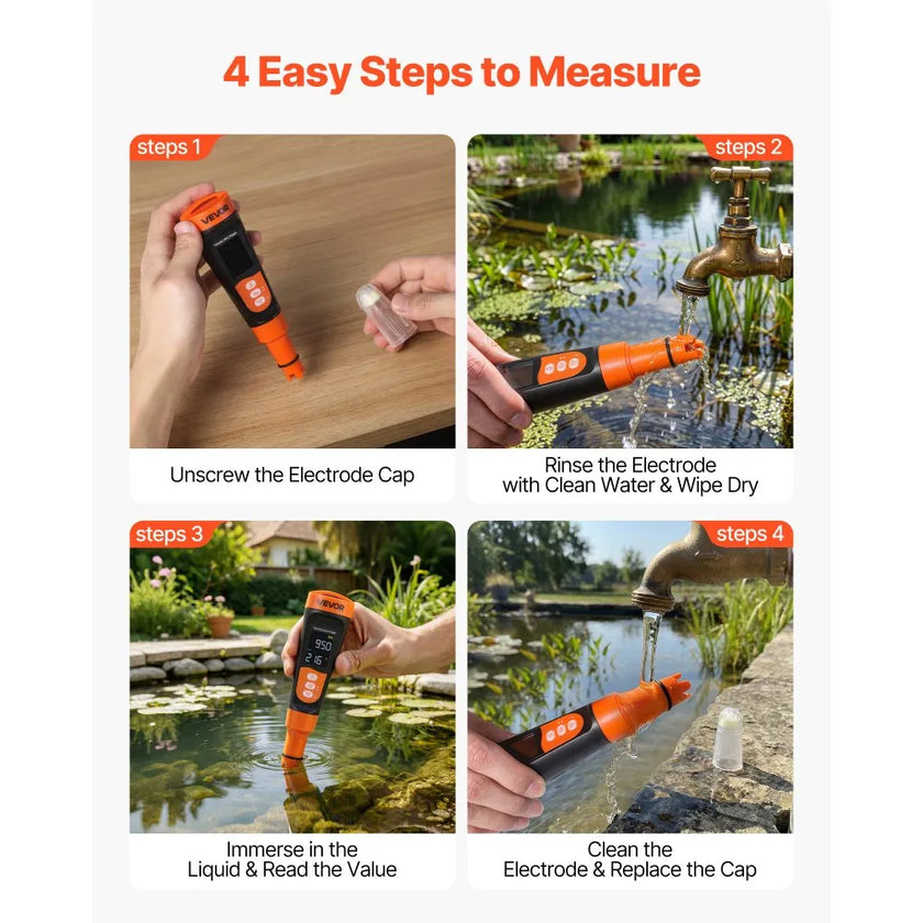 Digital 3-in-1 pH Meter with TDS & EC Tester, ATC, Waterproof Probe & Calibration Kit