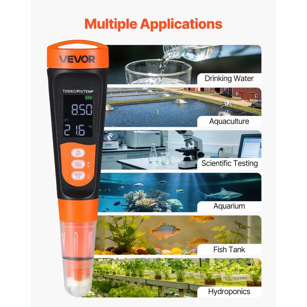 Digital 3-in-1 pH Meter with TDS & EC Tester, ATC, Waterproof Probe & Calibration Kit
