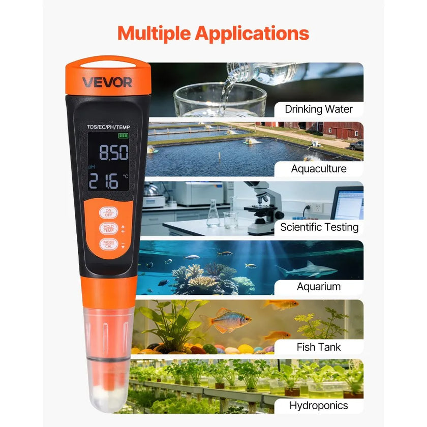 Digital 3-in-1 pH Meter with TDS & EC Tester, ATC, Waterproof Probe & Calibration Kit