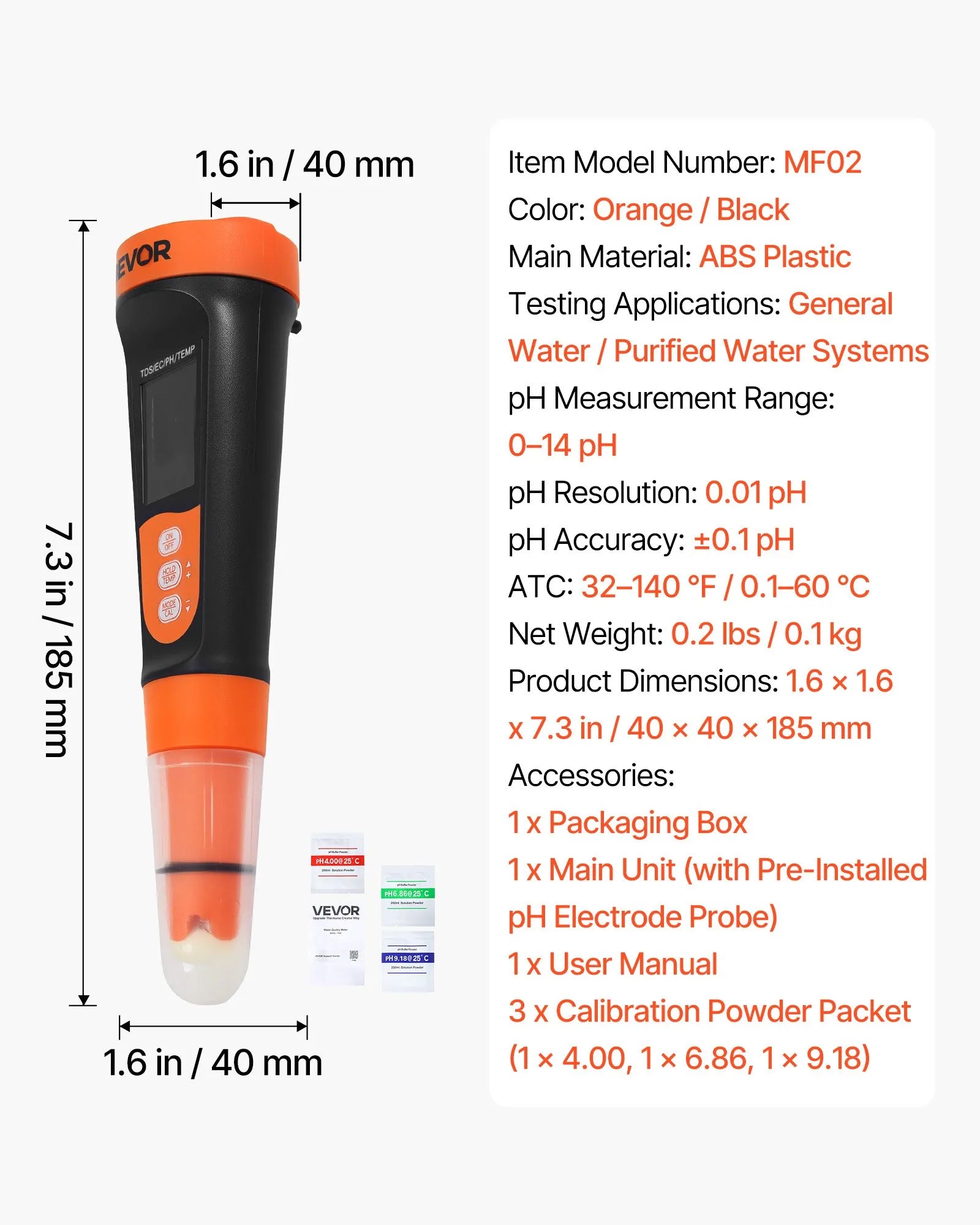 Digital 3-in-1 pH Meter with TDS & EC Tester, ATC, Waterproof Probe & Calibration Kit