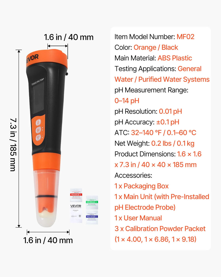 Digital 3-in-1 pH Meter with TDS & EC Tester, ATC, Waterproof Probe & Calibration Kit