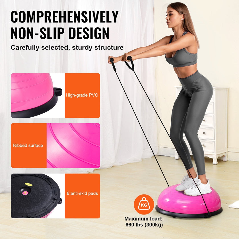VEVOR Half Exercise Ball Trainer, 23 inch Balance Ball Trainer, 660lbs Capacity Stability Ball, Yoga Ball with Resistance Bands & Foot Pump, Strength Fitness Ball for Home Gym, Full Body Workout, Pink