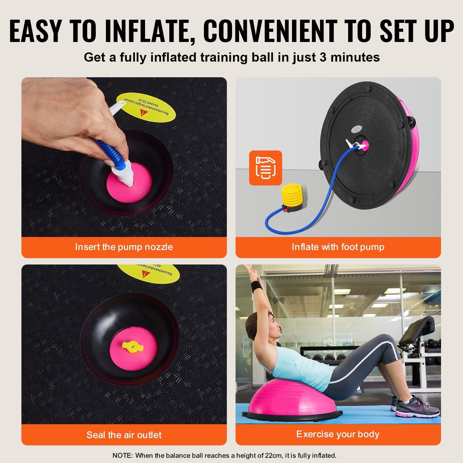 VEVOR Half Exercise Ball Trainer, 23 inch Balance Ball Trainer, 660lbs Capacity Stability Ball, Yoga Ball with Resistance Bands & Foot Pump, Strength Fitness Ball for Home Gym, Full Body Workout, Pink