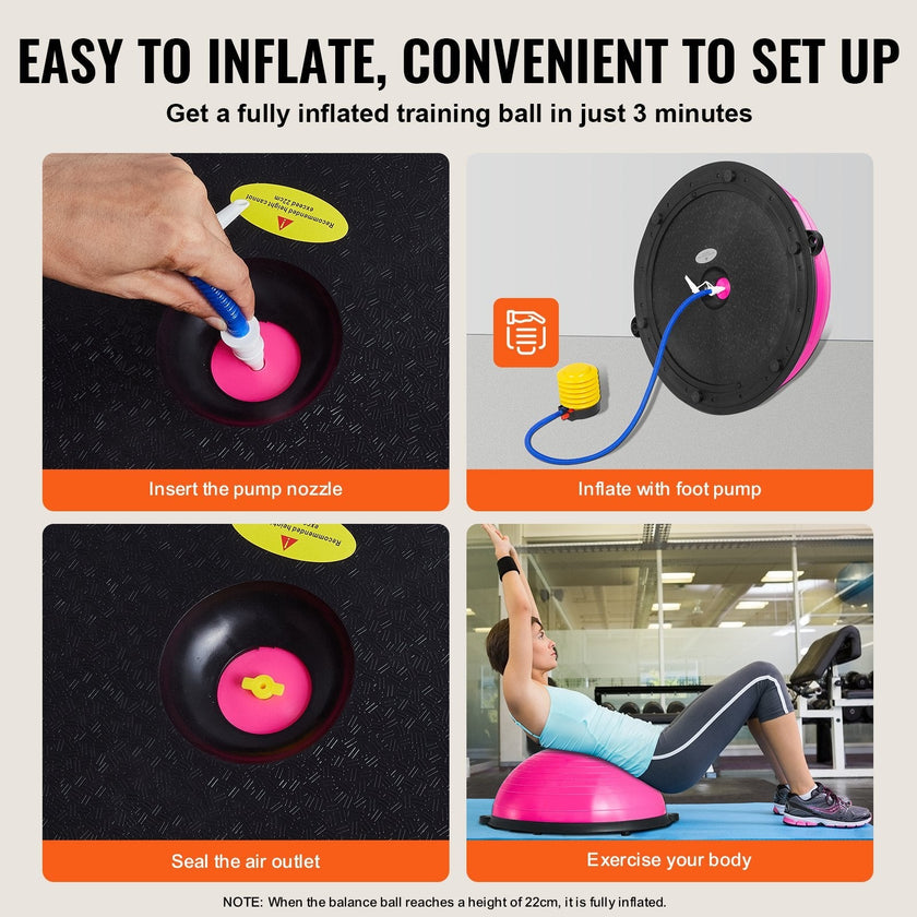 VEVOR Half Exercise Ball Trainer, 23 inch Balance Ball Trainer, 660lbs Capacity Stability Ball, Yoga Ball with Resistance Bands & Foot Pump, Strength Fitness Ball for Home Gym, Full Body Workout, Pink