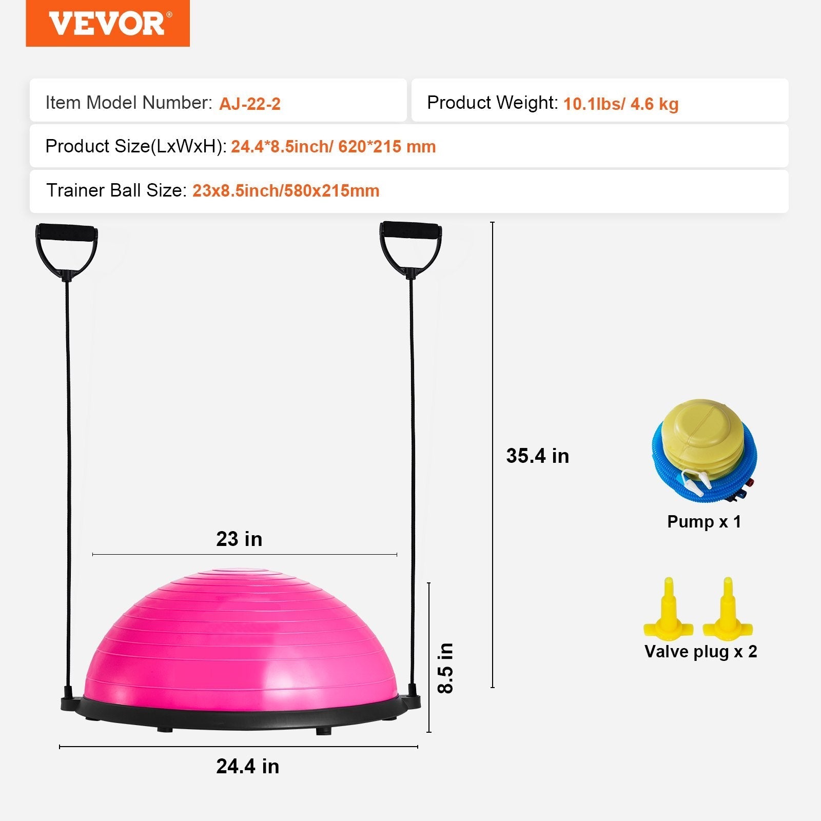 VEVOR Half Exercise Ball Trainer, 23 inch Balance Ball Trainer, 660lbs Capacity Stability Ball, Yoga Ball with Resistance Bands & Foot Pump, Strength Fitness Ball for Home Gym, Full Body Workout, Pink