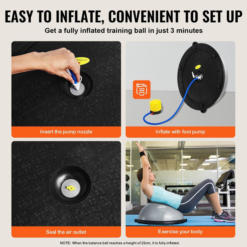 VEVOR Half Exercise Ball Trainer, 23 inch Balance Ball Trainer, 660lbs Capacity Stability Ball, Yoga Ball with Resistance Bands & Foot Pump, Strength Fitness Ball for Home Gym, Full Body Workout, Gray