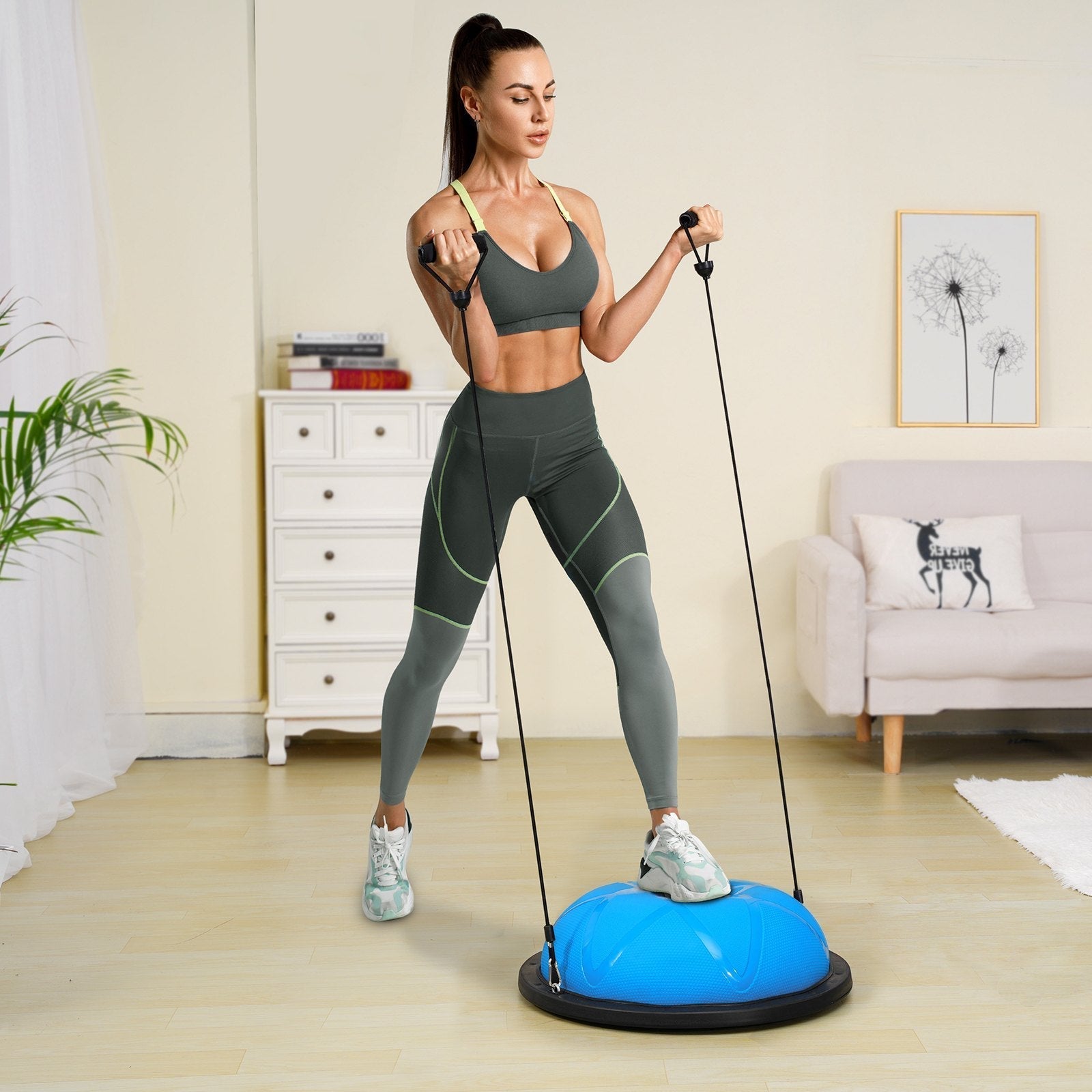 VEVOR Half Exercise Ball Trainer, 23 inch Balance Ball Trainer, 660 lbs Capacity Stability Ball, Yoga Ball with Resistance Bands and Pump, Strength Fitness Ball for Home Gym, Full Body Workouts, Blue