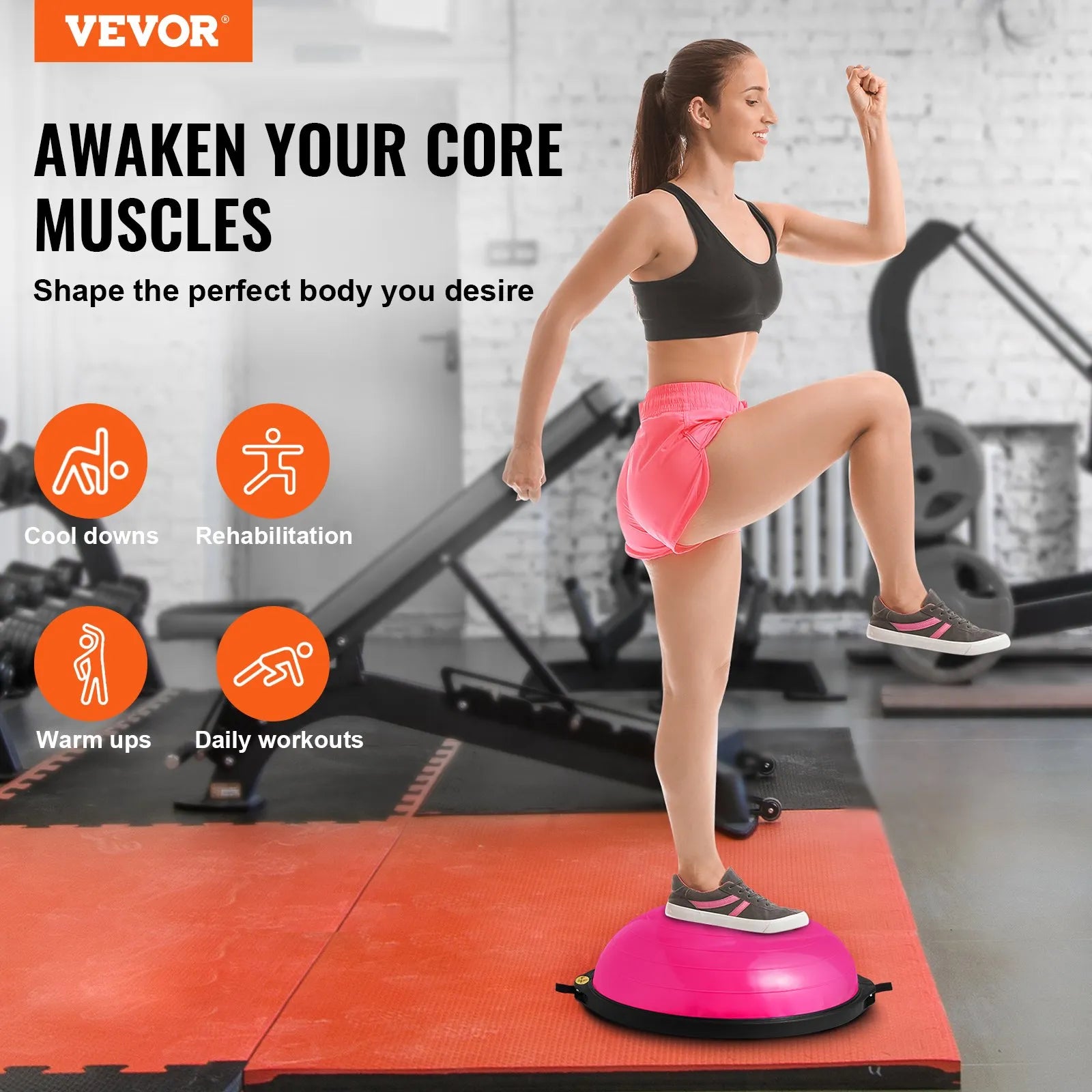 VEVOR Half Exercise Ball Trainer, 26 inch Balance Ball Trainer, 1500lbs Capacity Stability Ball, Yoga Ball with Resistance Bands & Foot Pump, Strength Fitness Ball for Home Gym Full Body Workout, Pink