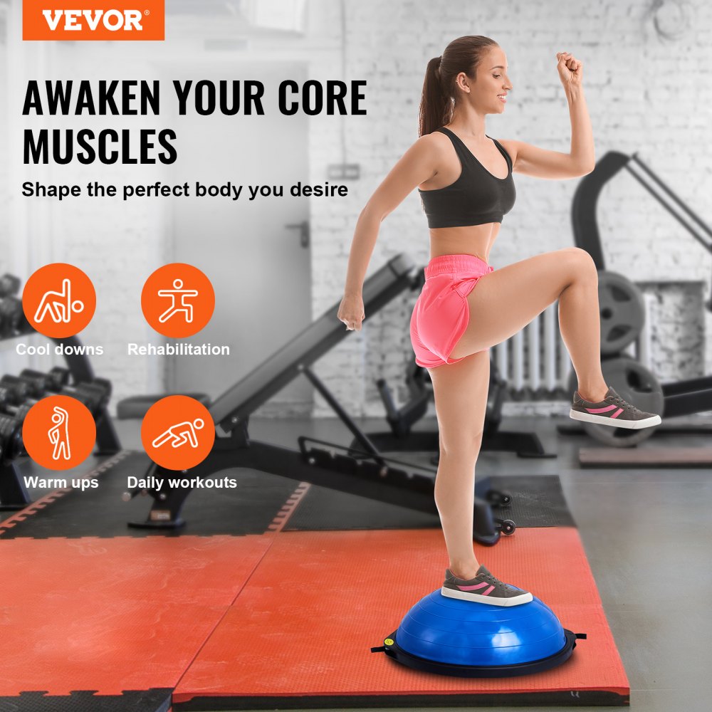 VEVOR Half Exercise Ball Trainer, 26 inch Balance Ball Trainer, 1500lbs Capacity Stability Ball, Yoga Ball with Resistance Bands & Foot Pump, Strength Fitness Ball for Home Gym Full Body Workout, Blue