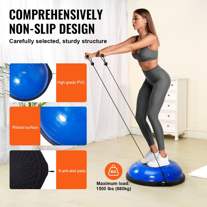 VEVOR Half Exercise Ball Trainer, 26 inch Balance Ball Trainer, 1500lbs Capacity Stability Ball, Yoga Ball with Resistance Bands & Foot Pump, Strength Fitness Ball for Home Gym Full Body Workout, Blue