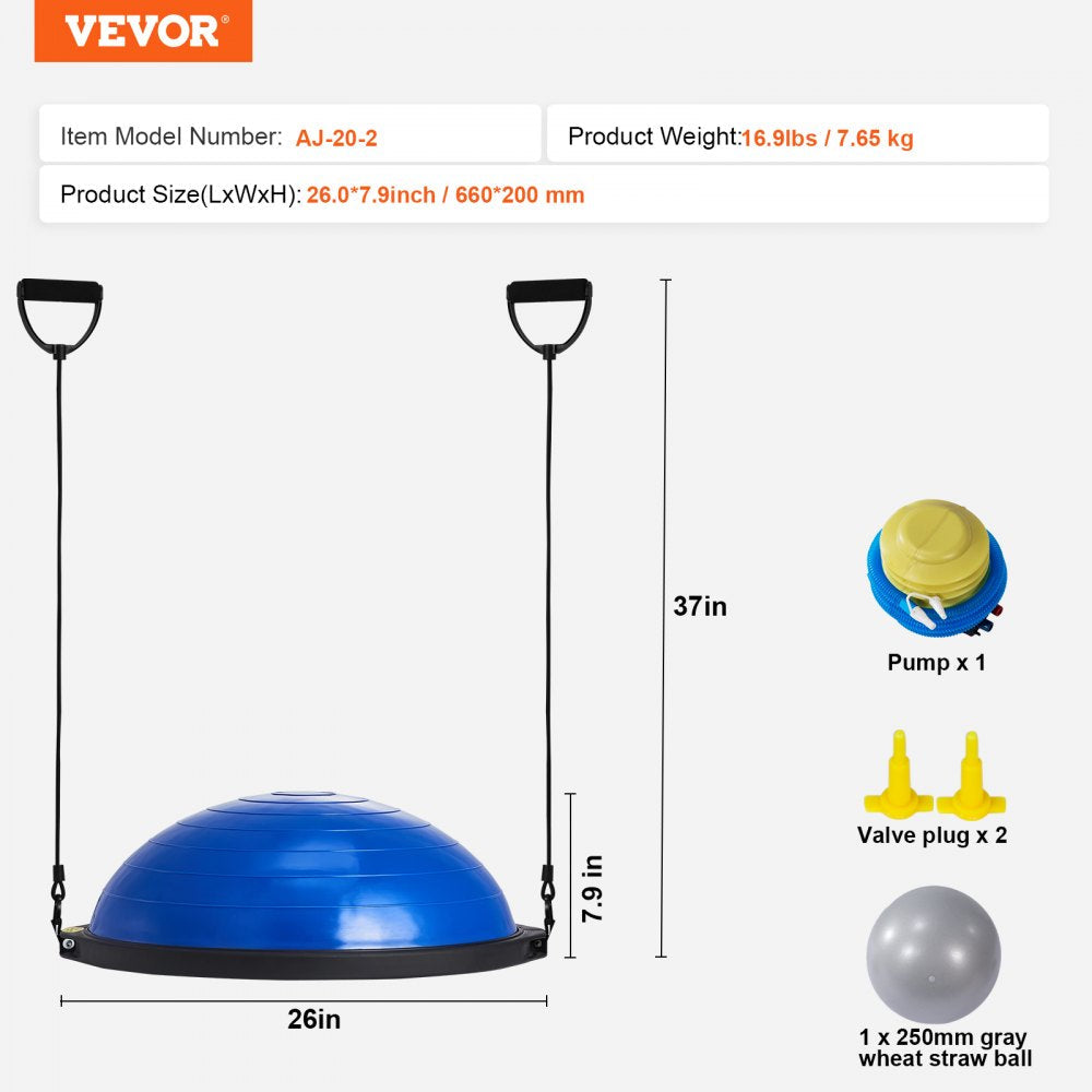 VEVOR Half Exercise Ball Trainer, 26 inch Balance Ball Trainer, 1500lbs Capacity Stability Ball, Yoga Ball with Resistance Bands & Foot Pump, Strength Fitness Ball for Home Gym Full Body Workout, Blue