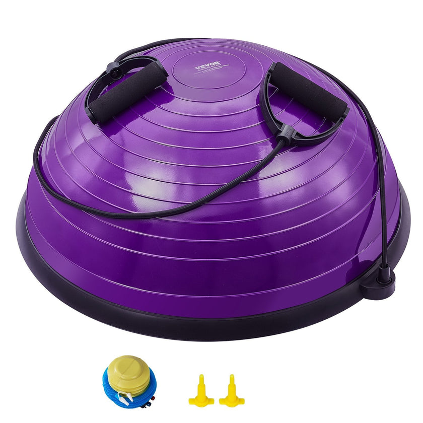 VEVOR Half Exercise Ball Trainer, 23 inch Balance Ball Trainer, 660lbs Stability Ball, Yoga Ball with Resistance Bands & Foot Pump, Strength Fitness Ball for Home Gym, Full Body Workout, Purple