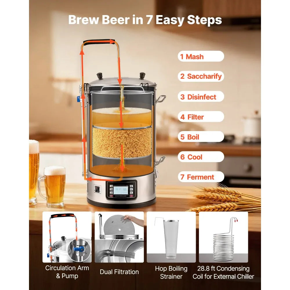 VEVOR Home Beer Brewing Machine Grain Brewing System w/ Circulating Pump 8 Gal