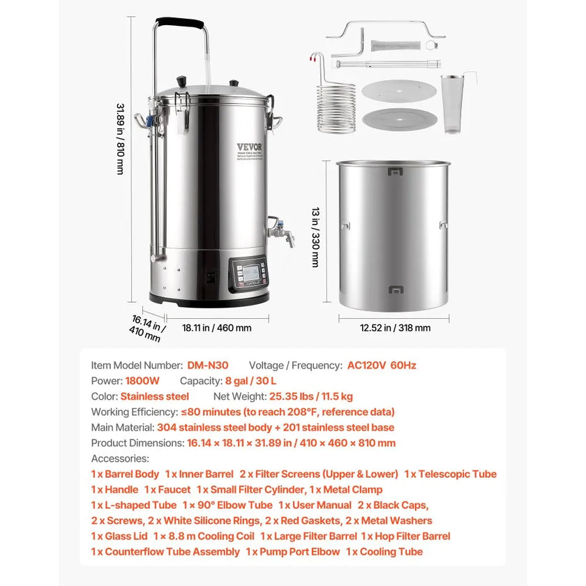 VEVOR Home Beer Brewing Machine Grain Brewing System w/ Circulating Pump 8 Gal