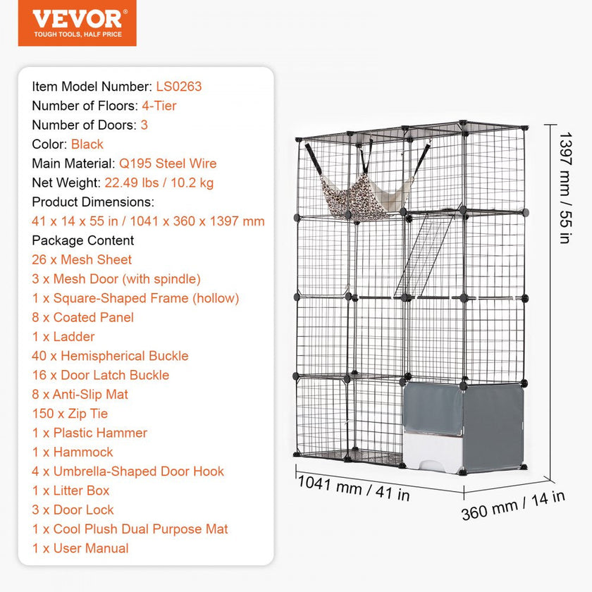 VEVOR Large 4-tier Cat Cage 41 x 14 x 55