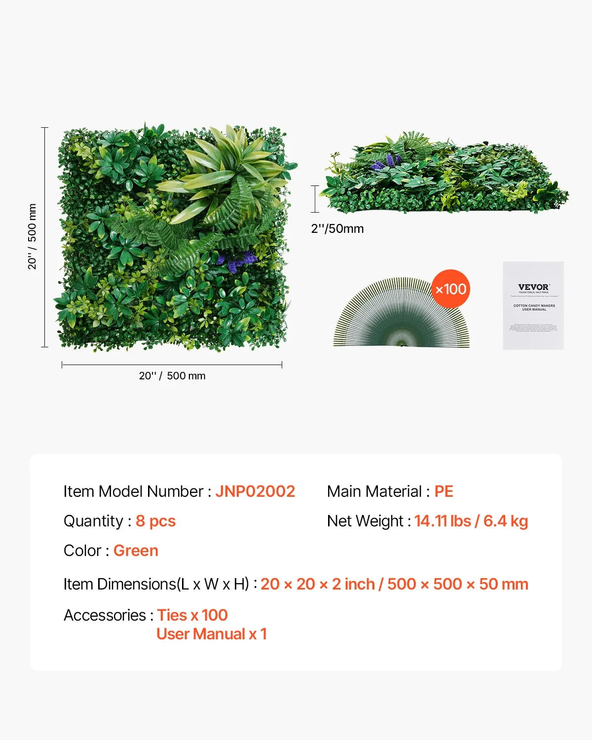 VEVOR Artificial Grass Wall Panels 8 PCS 20 x 20 inch 3D Greenery for Decor