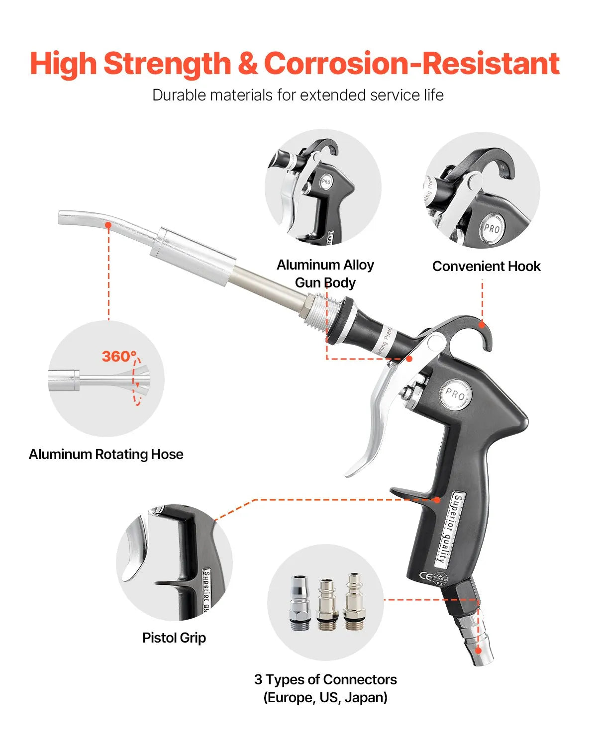 VEVOR Car Cleaning Gun 6-9.2 Bar High-Pressure Air Blow Gun 2 Nozzles Blast Dirt
