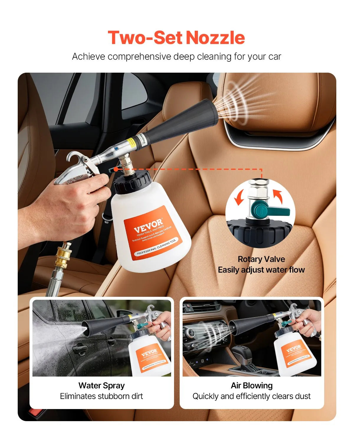 VEVOR Car Cleaning Gun 6-9.2Bar High-Pressure Air Blow Gun with 1L Liquid Bottle