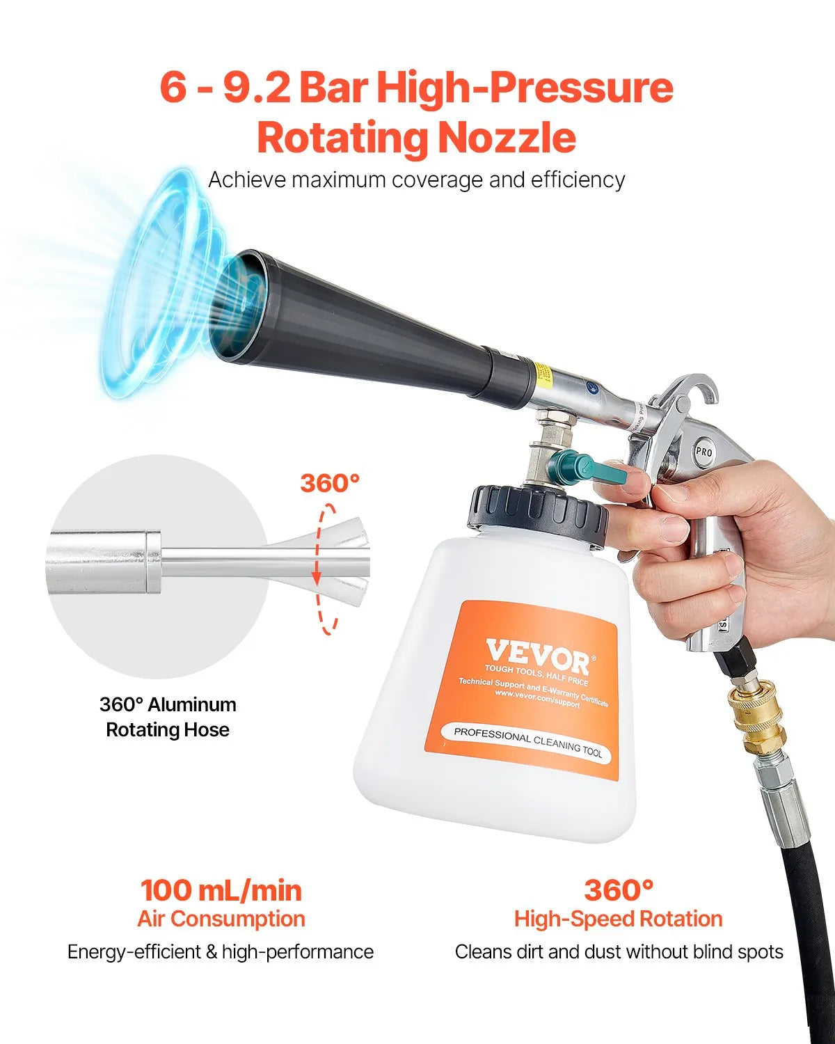 VEVOR Car Cleaning Gun 6-9.2Bar High-Pressure Air Blow Gun with 1L Liquid Bottle