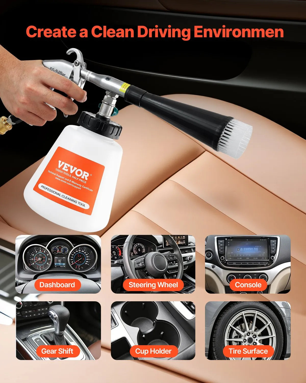 VEVOR Car Cleaning Gun 6-9.2Bar High-Pressure Air Blow Gun with 1L Liquid Bottle