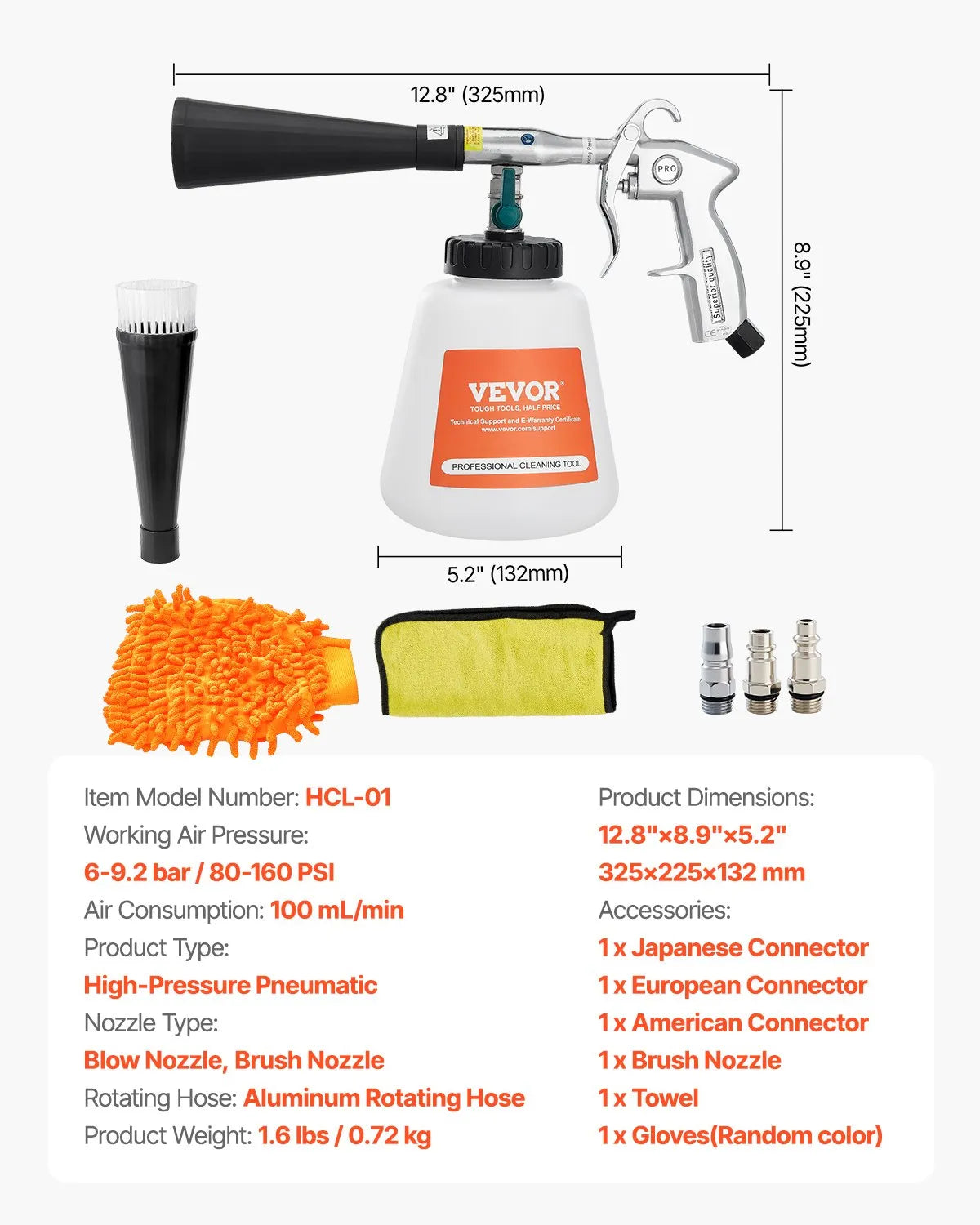 VEVOR Car Cleaning Gun 6-9.2Bar High-Pressure Air Blow Gun with 1L Liquid Bottle
