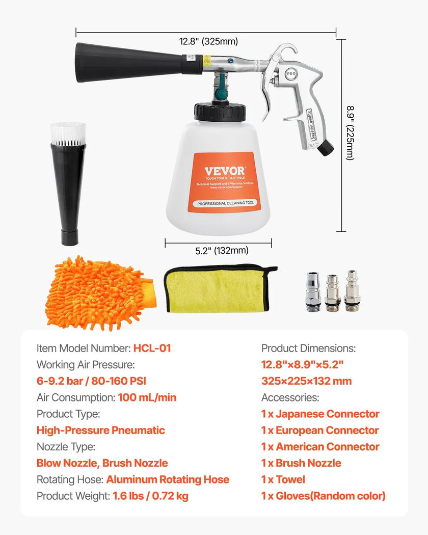 VEVOR Car Cleaning Gun 6-9.2Bar High-Pressure Air Blow Gun with 1L Liquid Bottle
