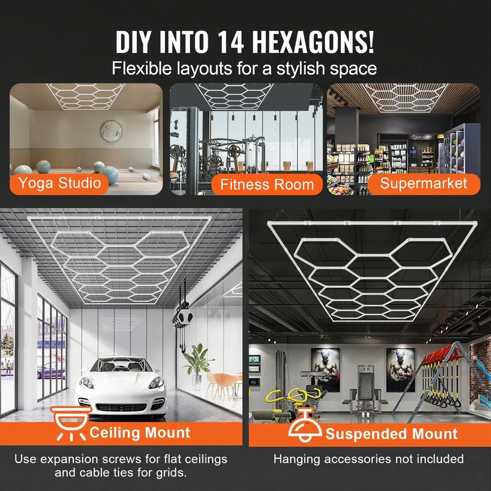 VEVOR Hexagon Garage Lights 86400LM 14 Grids Honeycomb LED Shop Ceiling Light