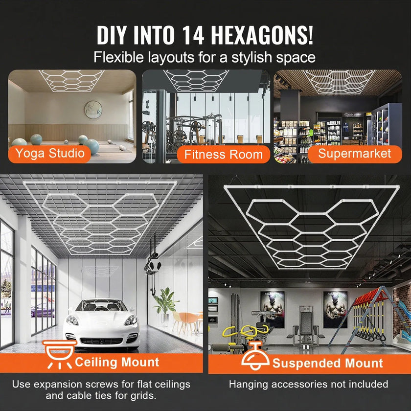 VEVOR Hexagon Garage Lights 86400LM 14 Grids Honeycomb LED Shop Ceiling Light