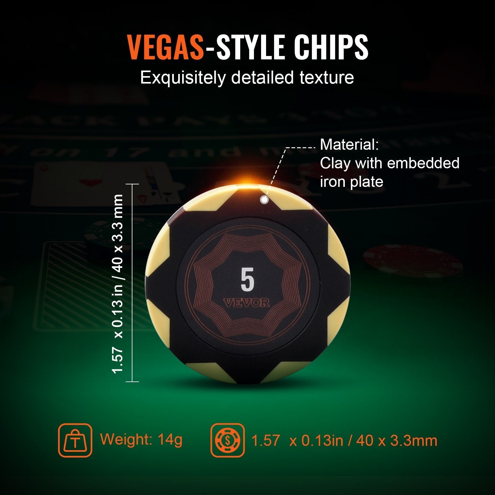 VEVOR Poker Chip Set, 300-Piece Poker Set, Complete Poker Playing Game Set with Carrying  Case, Heavyweight 14 Gram Casino Clay Chips, Cards, Buttons and Dices, for Texas Hold'em, Blackjack, Gambling