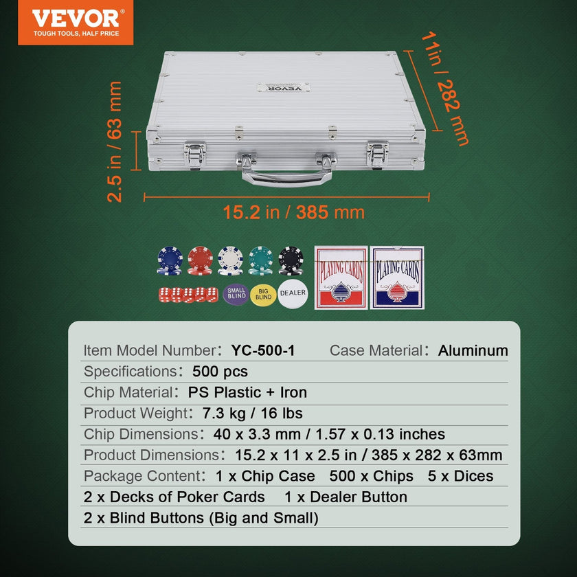 VEVOR Poker Chip Set, 500-Piece Poker Set, Complete Poker Playing Game Set with Aluminum Carrying  Case, 11.5 Gram Casino Chips, Cards, Buttons and Dices, for Texas Hold'em, Blackjack, Gambling