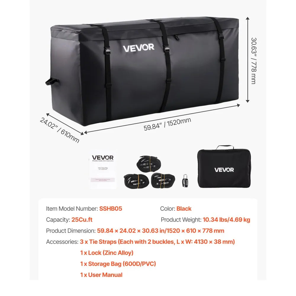VEVOR Hitch Cargo Carrier Bag 59.84 x 24.02 x 30.63 in (25 Cu.ft) Waterproof