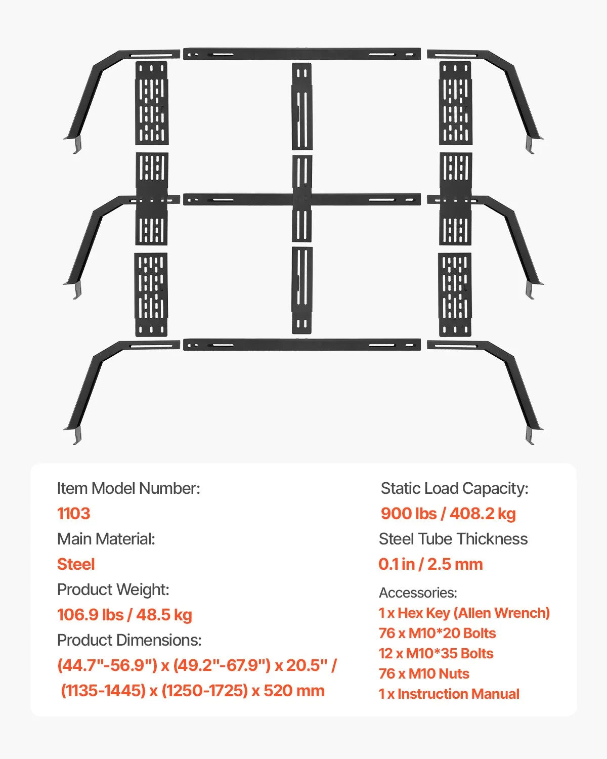 VEVOR Overland Truck Bed Rack 900 lbs Static Capacity Fit Tacoma/Gladiator JT