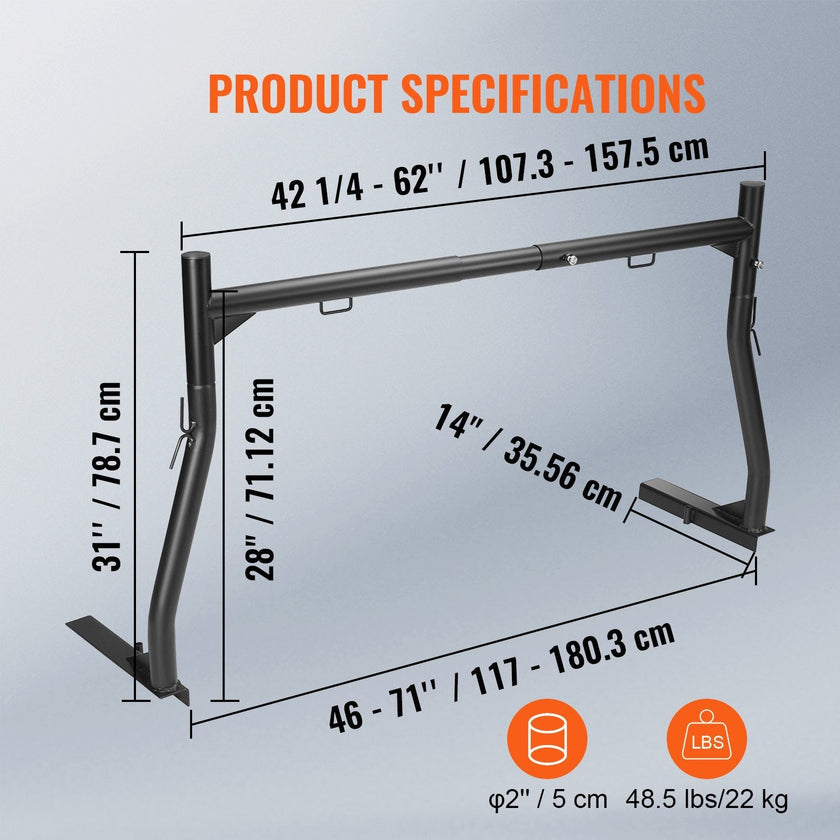 VEVOR Truck Rack, 46-71inch Width, 800 lbs Capacity, Extendable Steel Ladder Rack for Truck with 4 Non-Drilling J-bolts, Heavy Duty Truck Bed Rack Two-Bar Set for Kayak, Surfboard, Lumber, Ladder