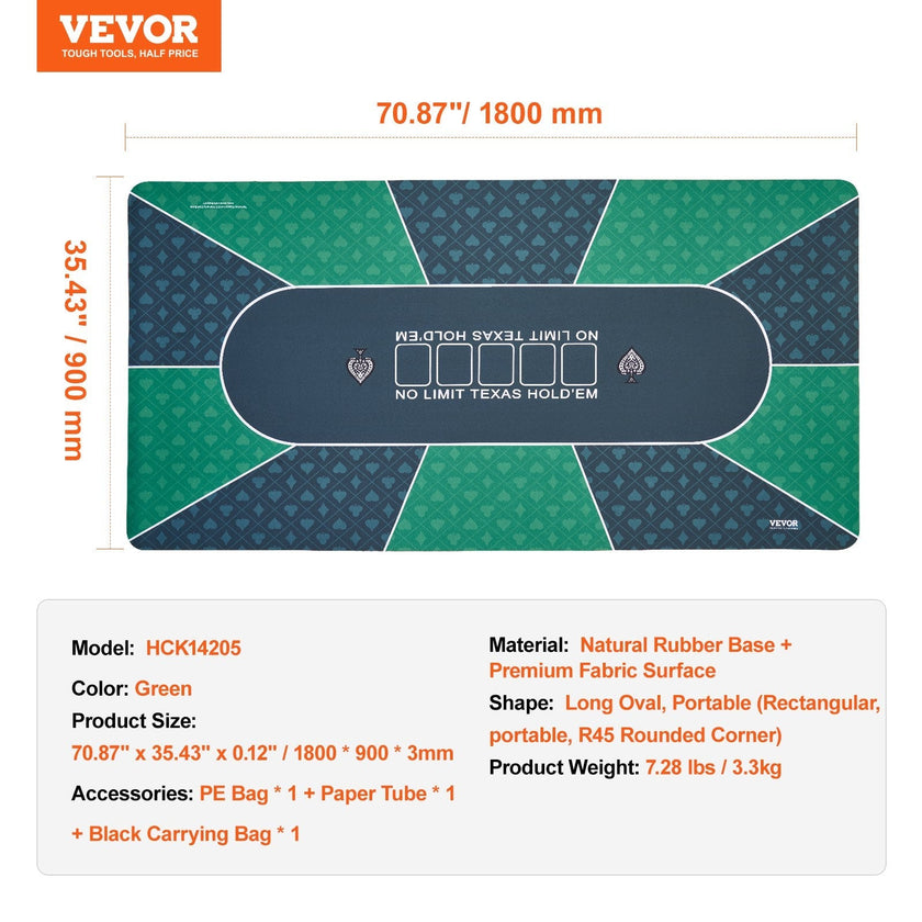 VEVOR Poker Table Top 70 x 35 Inch Poker Mat 6-8 Players Foldable with Bag Green