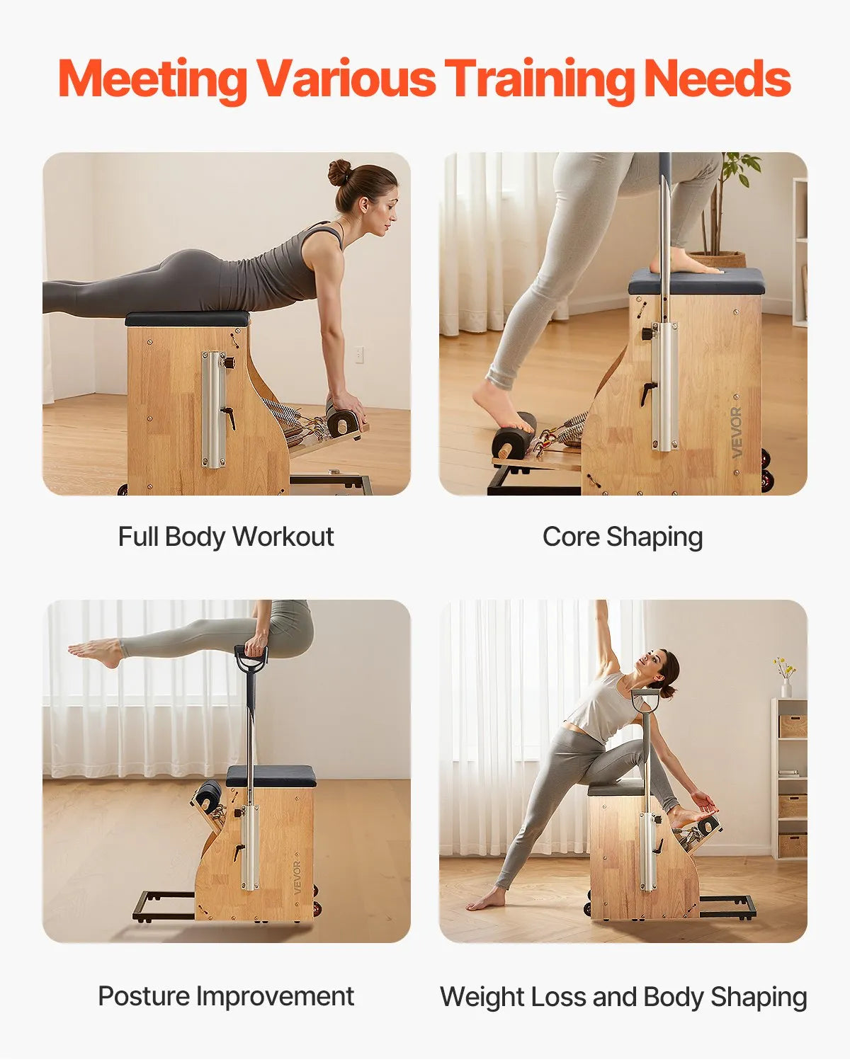 VEVOR Pilates Chair Split-Pedal Stability Combo Chairs Full-Body Workout Handle