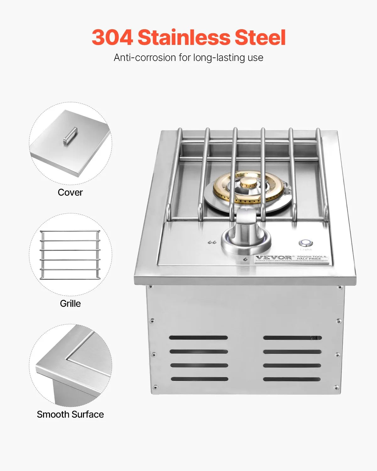 VEVOR Single Grilling Side Burner for Outdoor 17,000BTU Propane & Natural Gas