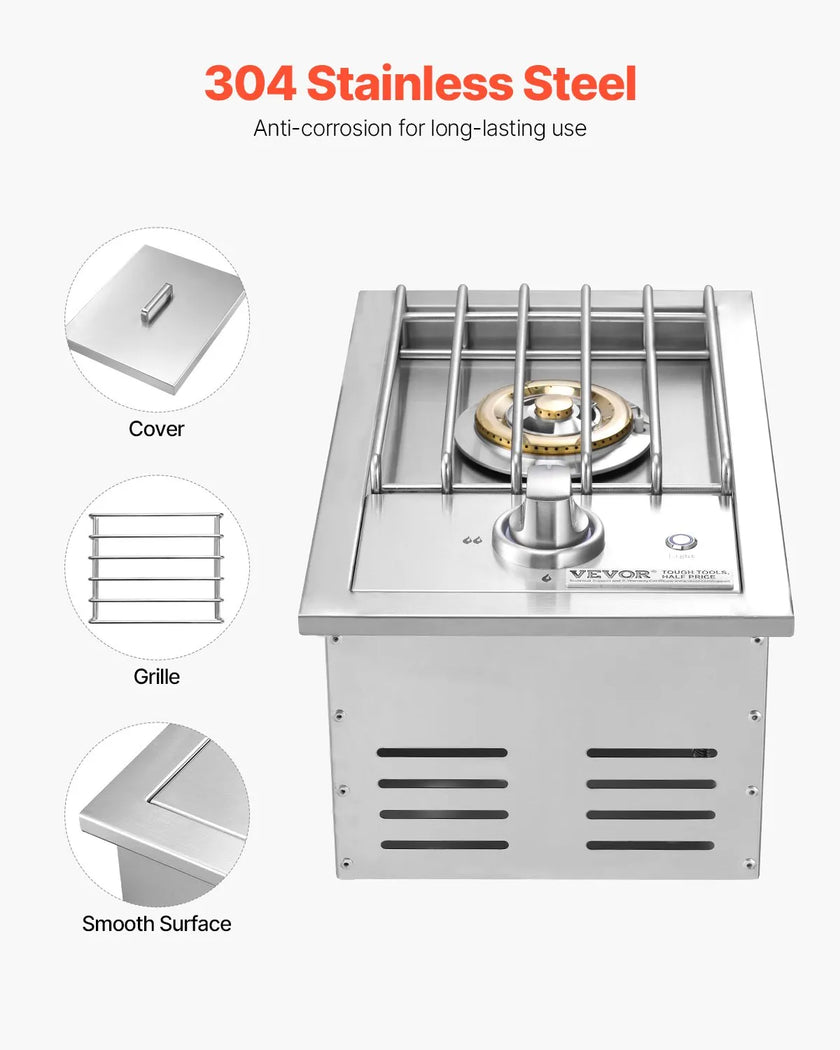 VEVOR Single Grilling Side Burner for Outdoor 17,000BTU Propane & Natural Gas