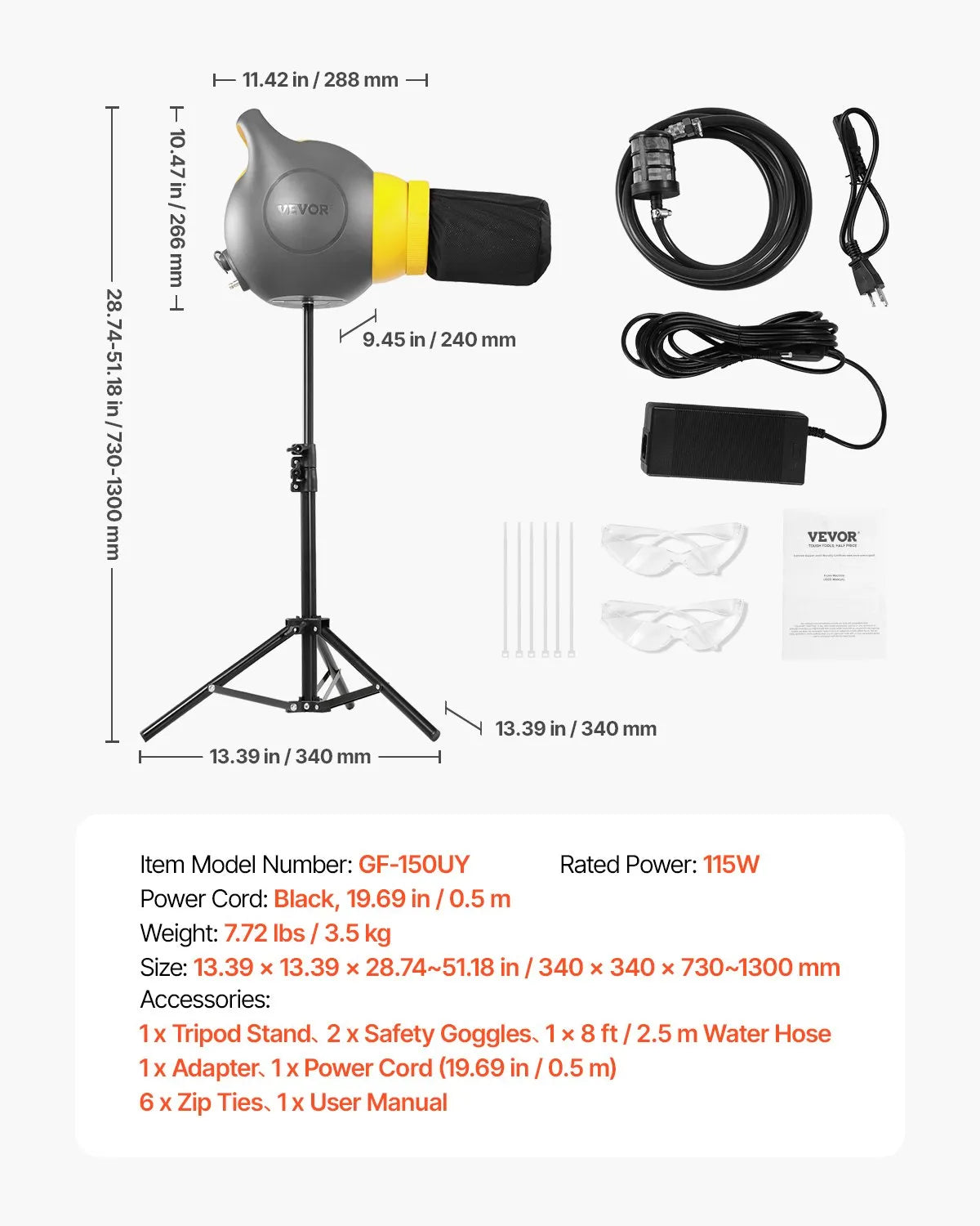 VEVOR Foam Machine Party Foam Cannon 115 W Foam Cannon for Party Grey & Yellow