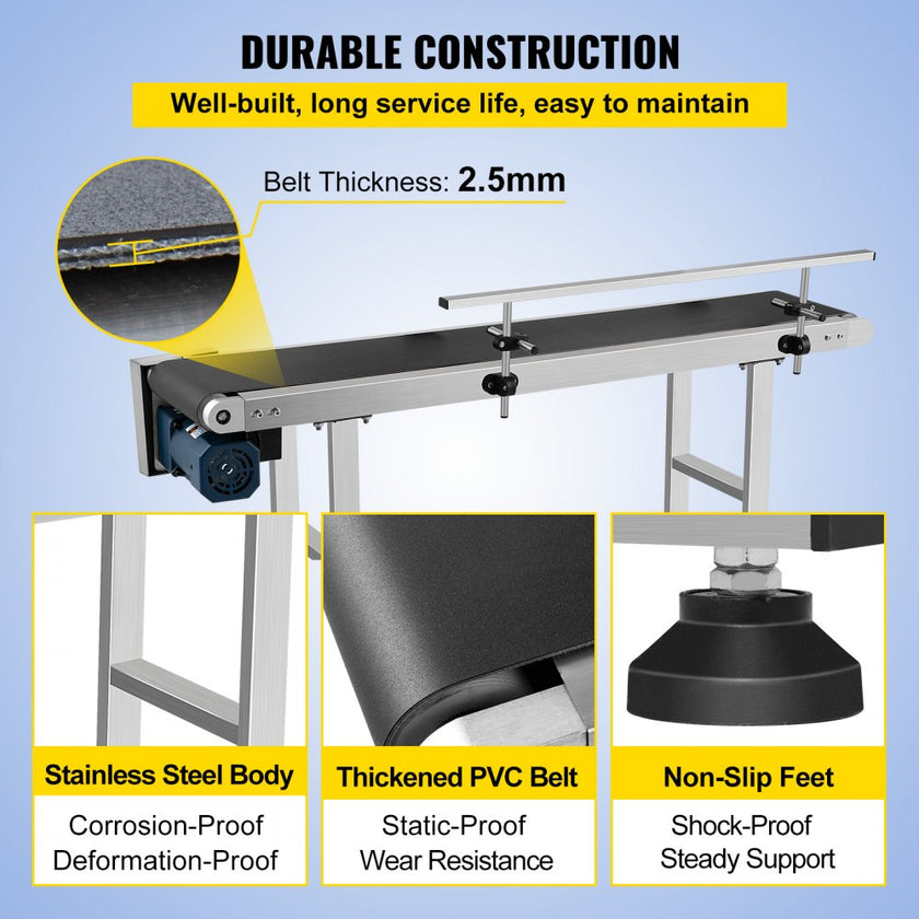 VEVOR PVC Belt Conveyor 59Inch Length, Electric PVC Conveyor 7.8 Width, 110V Adjustable Automatic Speed, Conveyor Machine with Single Guardrails, In Stainless Steel, Industrial Transport Equipment