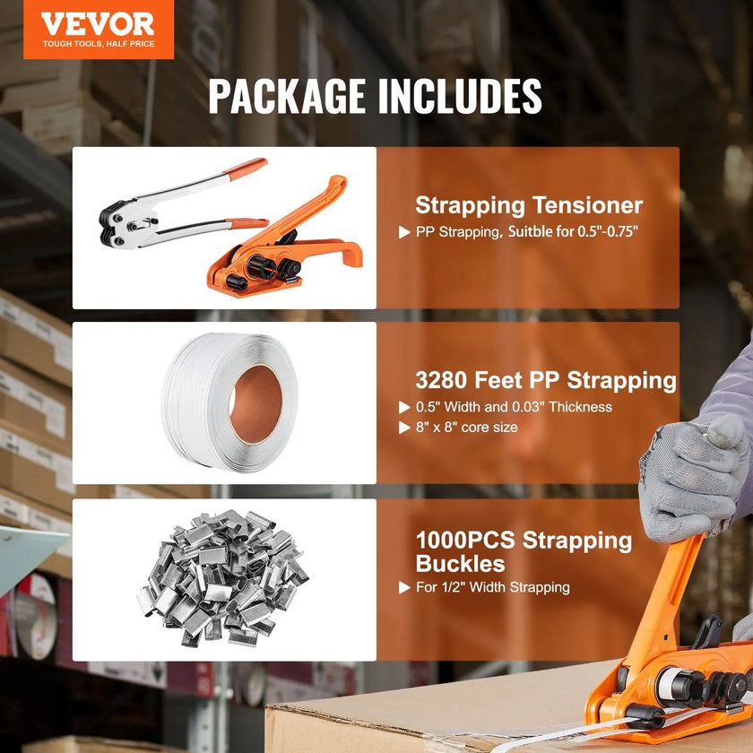 VEVOR Banding Strapping Kit with Strapping Tensioner Tool, Banding Sealer Tool, 3280 ft Length PP Band, 1000 Metal Seals, Pallet Packaging Strapping Banding Kit Banding Packaging Strapping for Packing