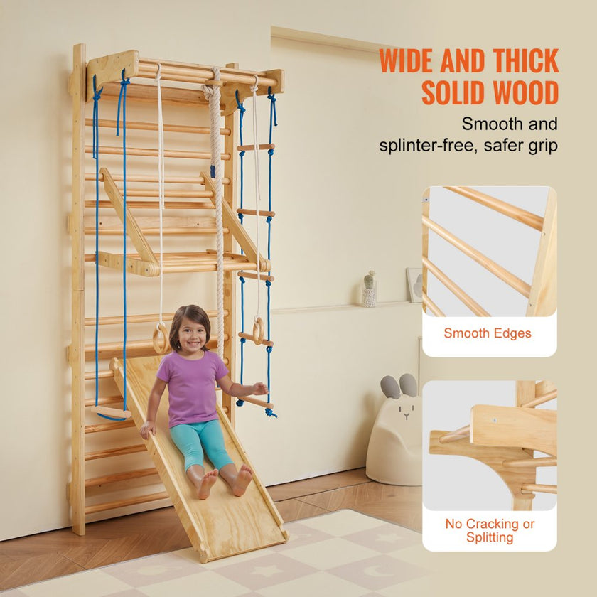 VEVOR Swedish Ladder Wall Gym 8 in 1 Wooden Indoor Playground Climbing Toys