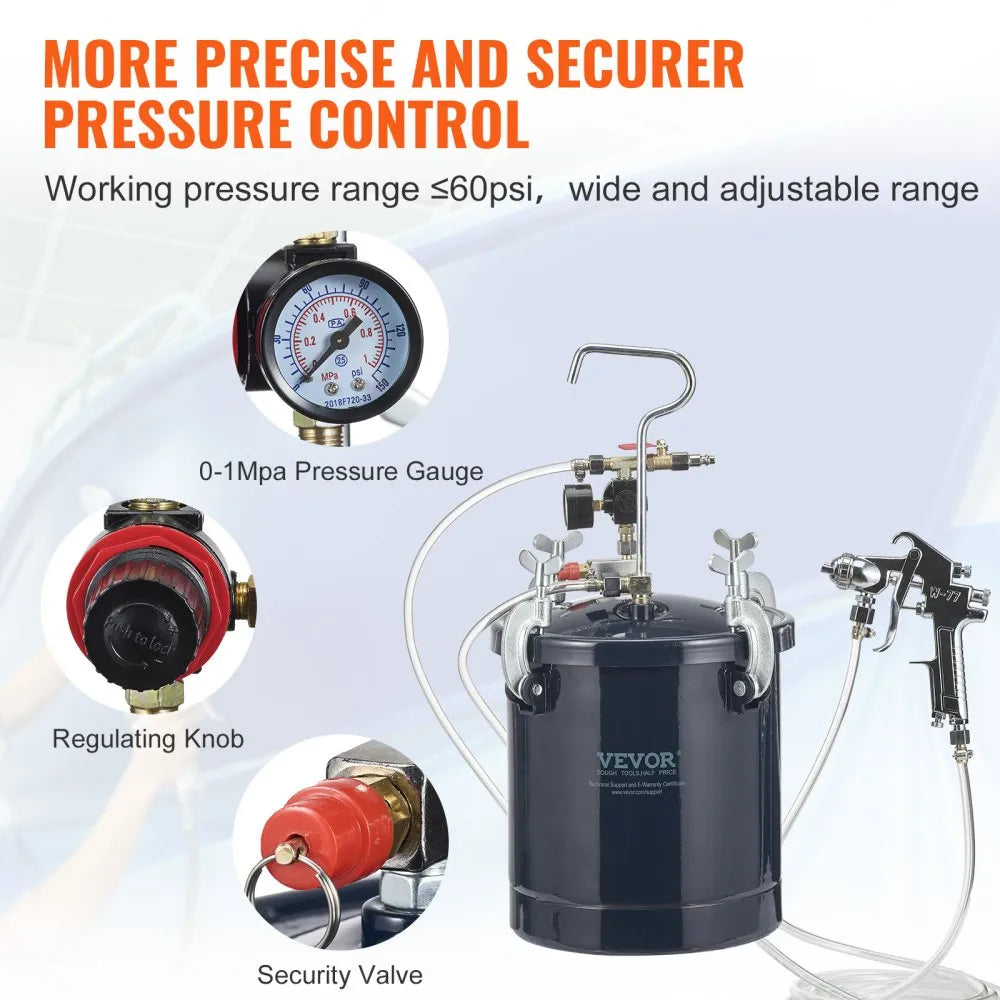 VEVOR Spray Paint Pressure Pot Tank, 10L/2.5gal Air Paint Pressure Pot, 1.5mm+4mm Two Nozzles Two Spray Paint Guns for Industry Home Decor Architecture Construction Automotive Painting, 60PSI Max