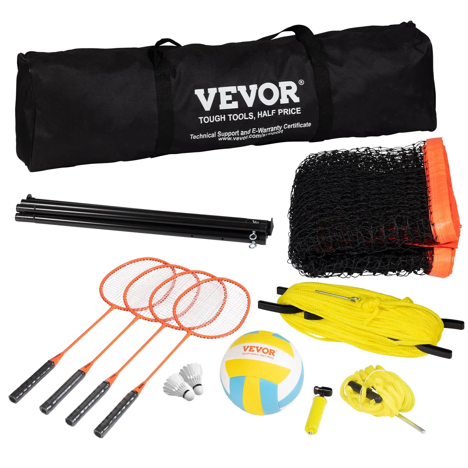 VEVOR Volleyball and Badminton Set, Outdoor Portable Badminton Net, Adjustable Height Steel Poles, Professional Combo Set with PVC Volleyball, Pump, Carrying Bag, Easy Setup for Backyard Beach Lawn