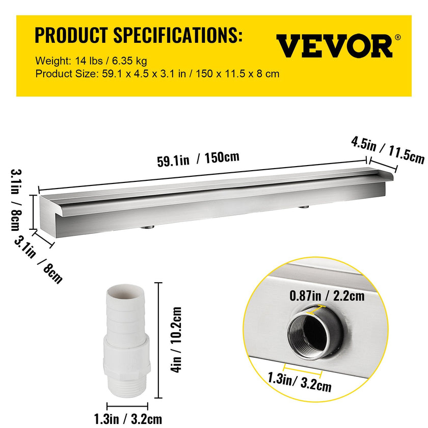 VEVOR Pool Fountain Stainless Steel Pool Waterfall 59.4