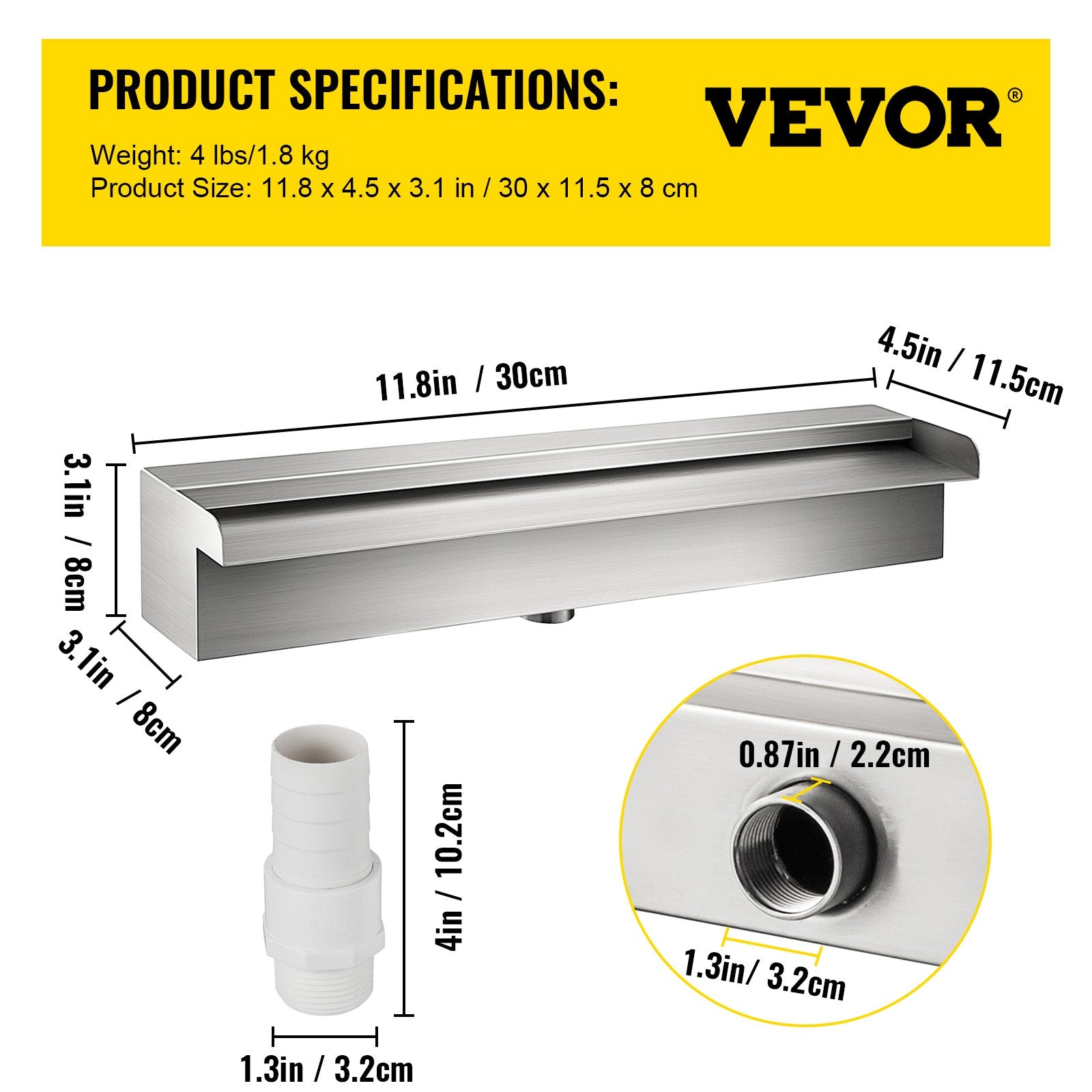 VEVOR Patiolife Pool Fountain Stainless Steel Pool Waterfall 11.8